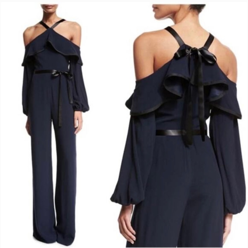 ALEXIS Navy Nola Cold Shoulder Ruffle Wide Leg Halter Neckline Jumpsuit Size S